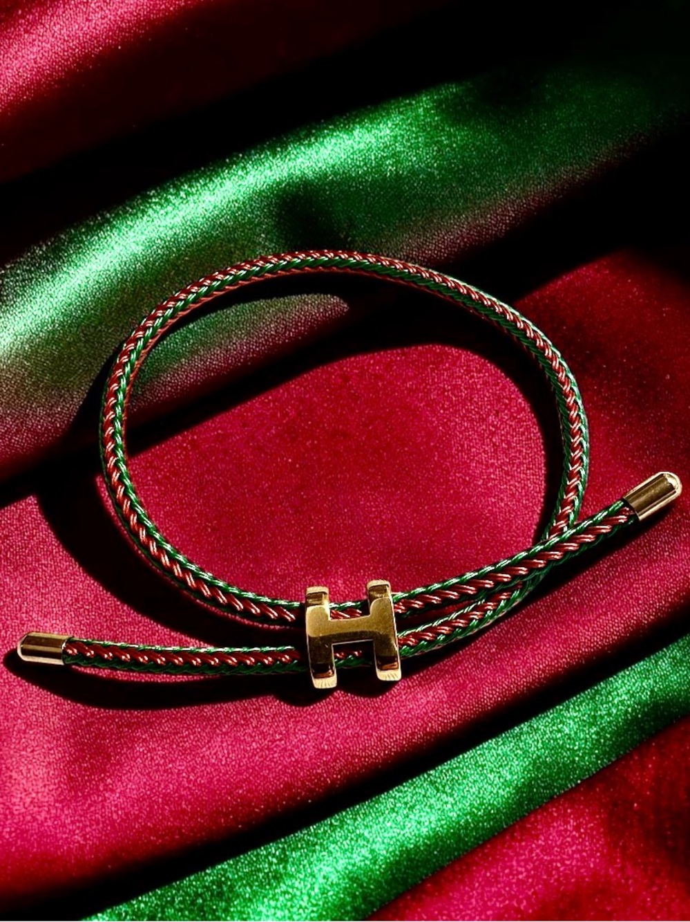 Red&green Braided Rope Cord Bracelet with Gold-Tone Stainless Steel